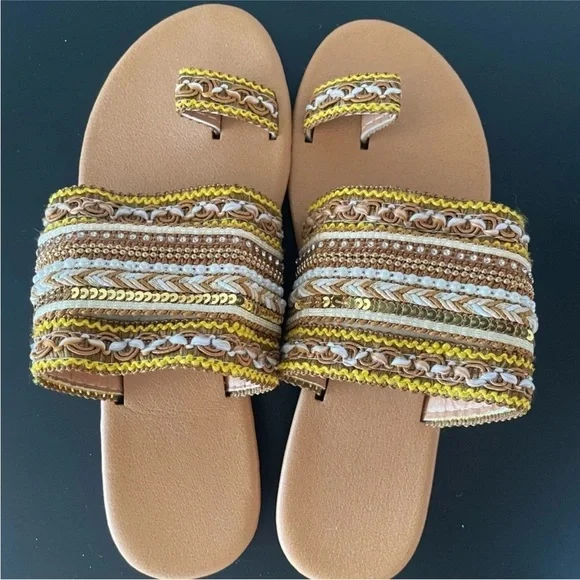 Brown, gold, pearl Boho Embellished Toe Ring Slide Sandal Size 37 - Picture 4 of 4